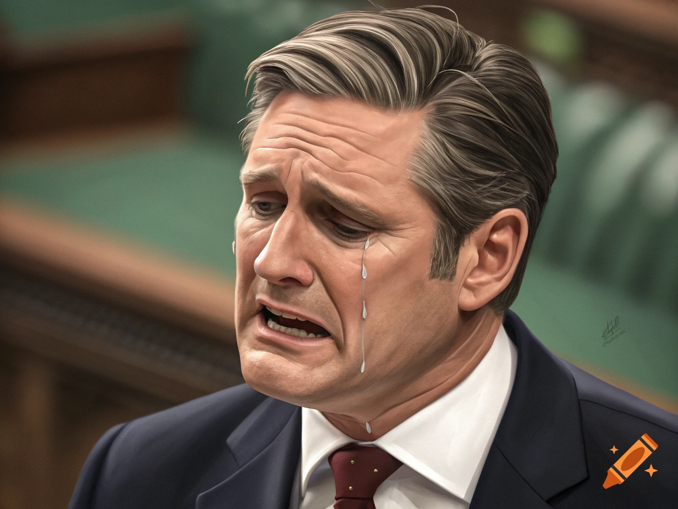 Digital painting of a man in a suit crying.