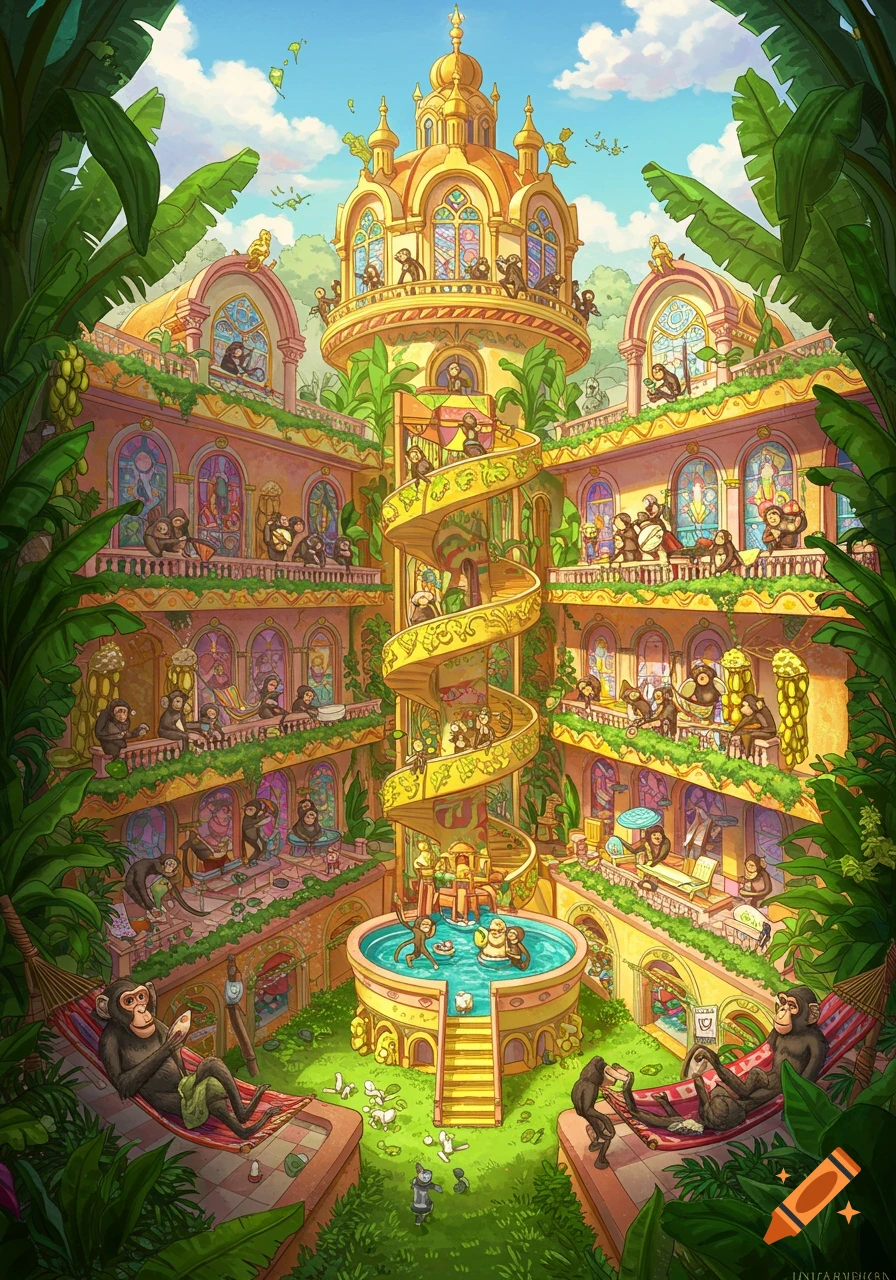 Illustration of monkeys living in a grand, multi-story mansion with balconies, a spiral staircase, a pool, and surrounding tropical foliage.