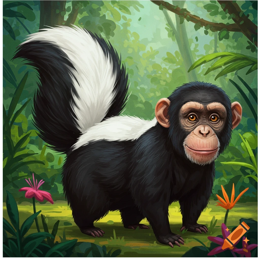 Cartoonish chimpanzee and skunk hybrid animal in a jungle. on Craiyon