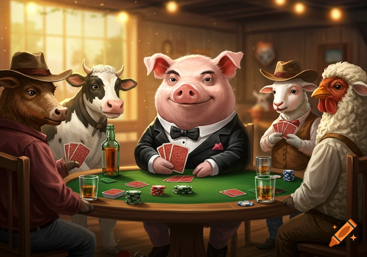 Anthropomorphic farm animals including a pig, cow, sheep, and chicken playing poker at a table.