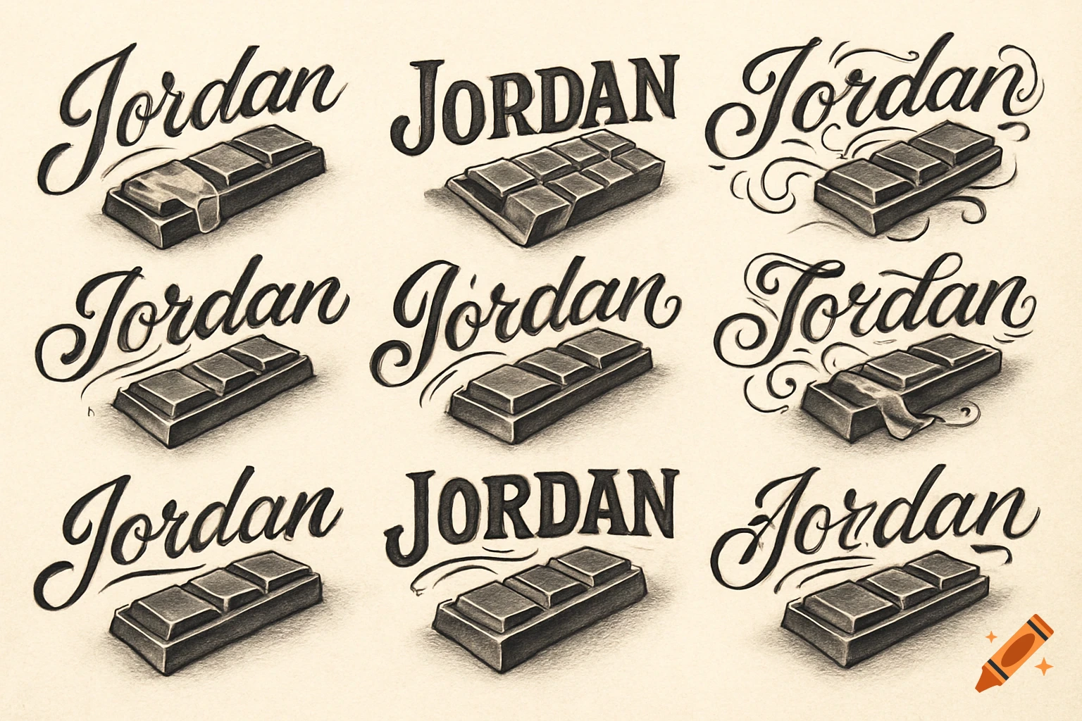 Multiple sketch examples of the name Jordan with a chocolate bar.