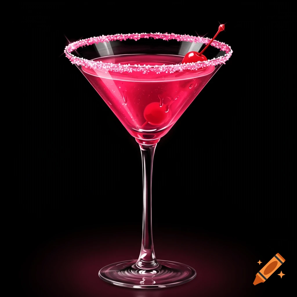 A sparkling pink martini with a glitter rim and cherry on a dark background.
