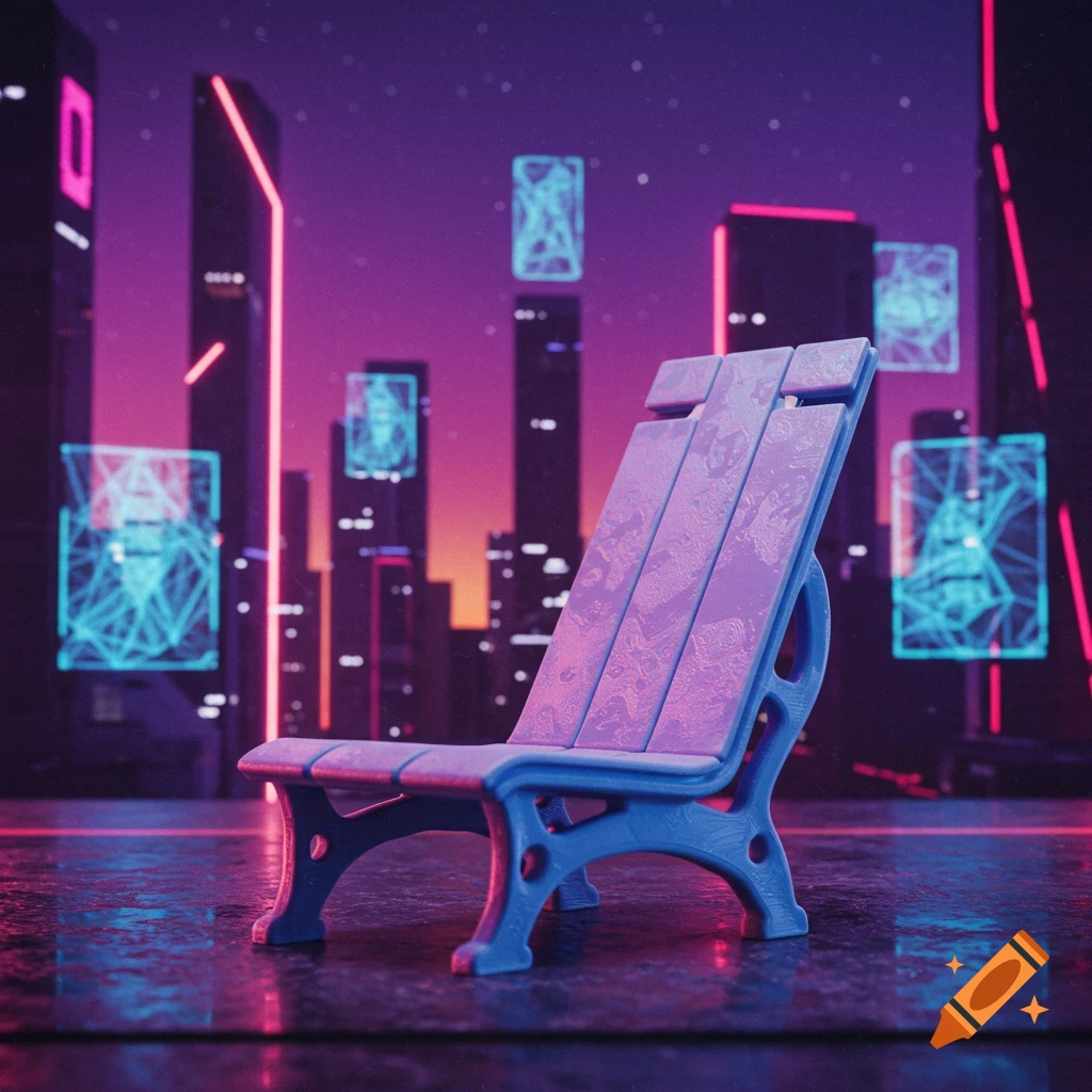 A blue and purple stylized bench in a futuristic city at night.
