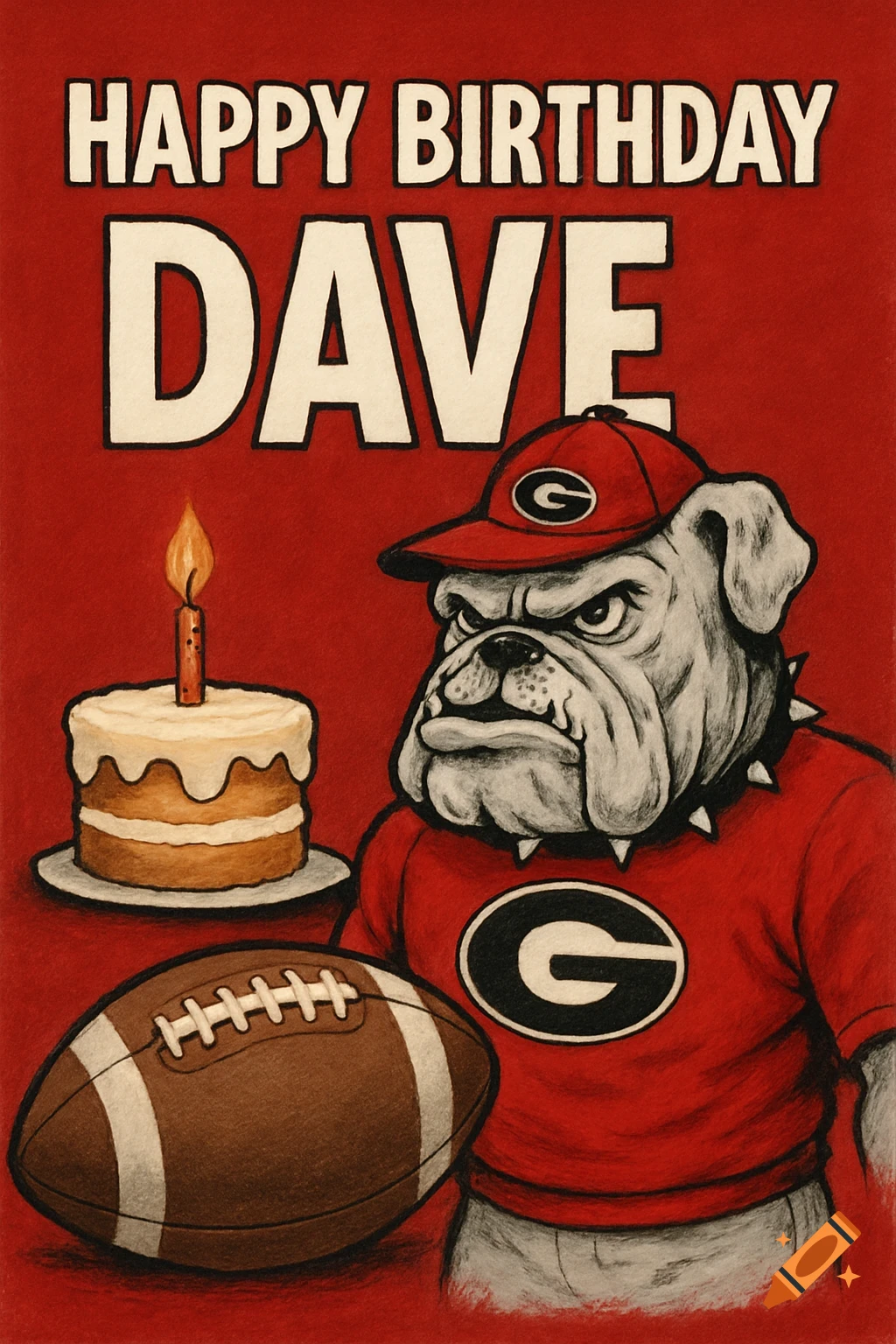 Birthday card with Georgia Bulldogs mascot, cake, football, and 'Happy Birthday Dave' text
