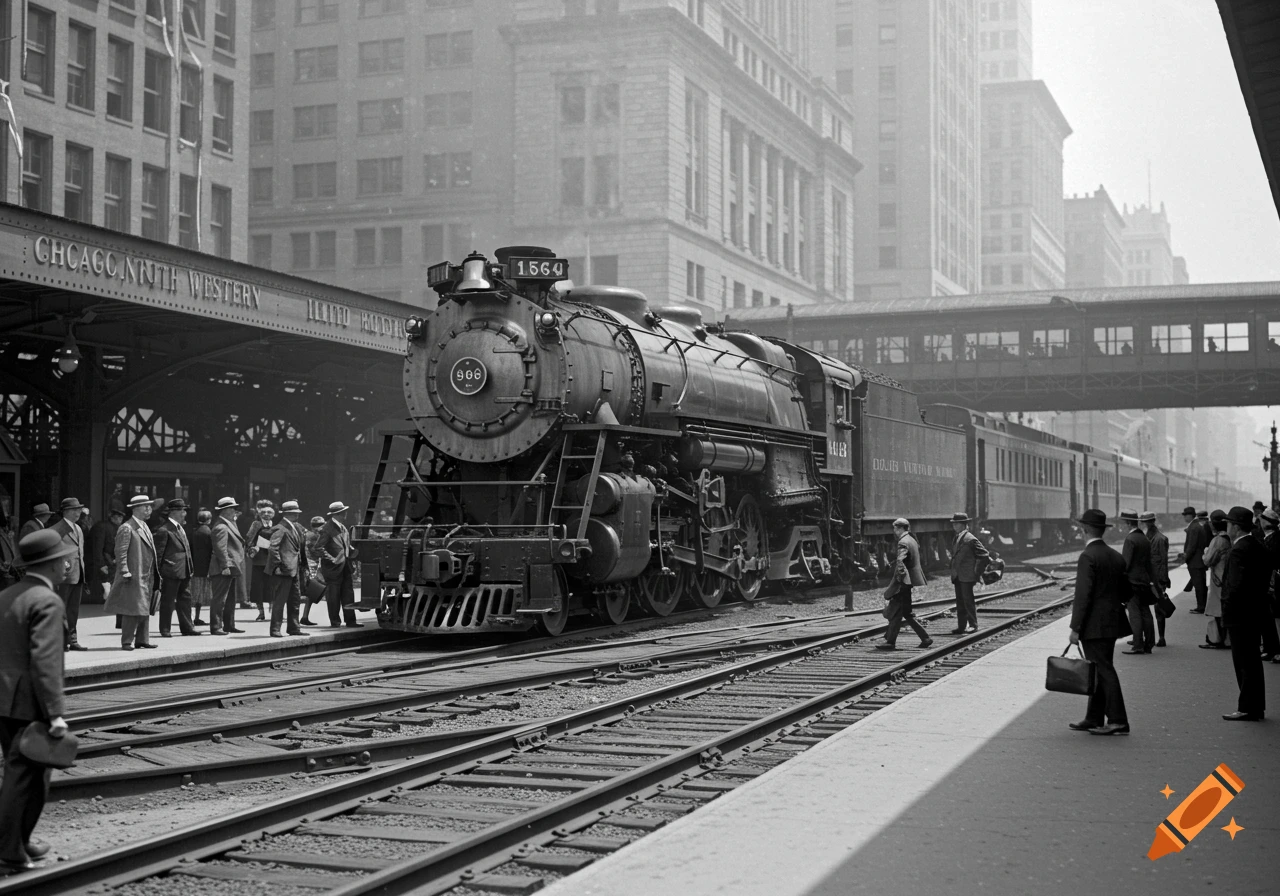 Black and white photo of a steam locomotive at a busy train station platform with passengers waiting.