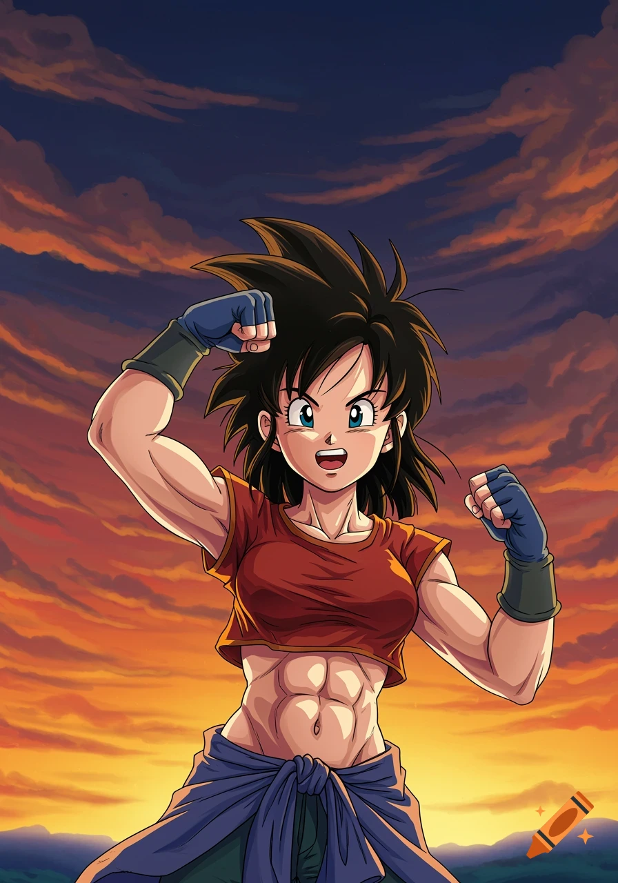 Teenage Pan from Dragon Ball GT flexes her biceps against a sunset sky backdrop in anime style.