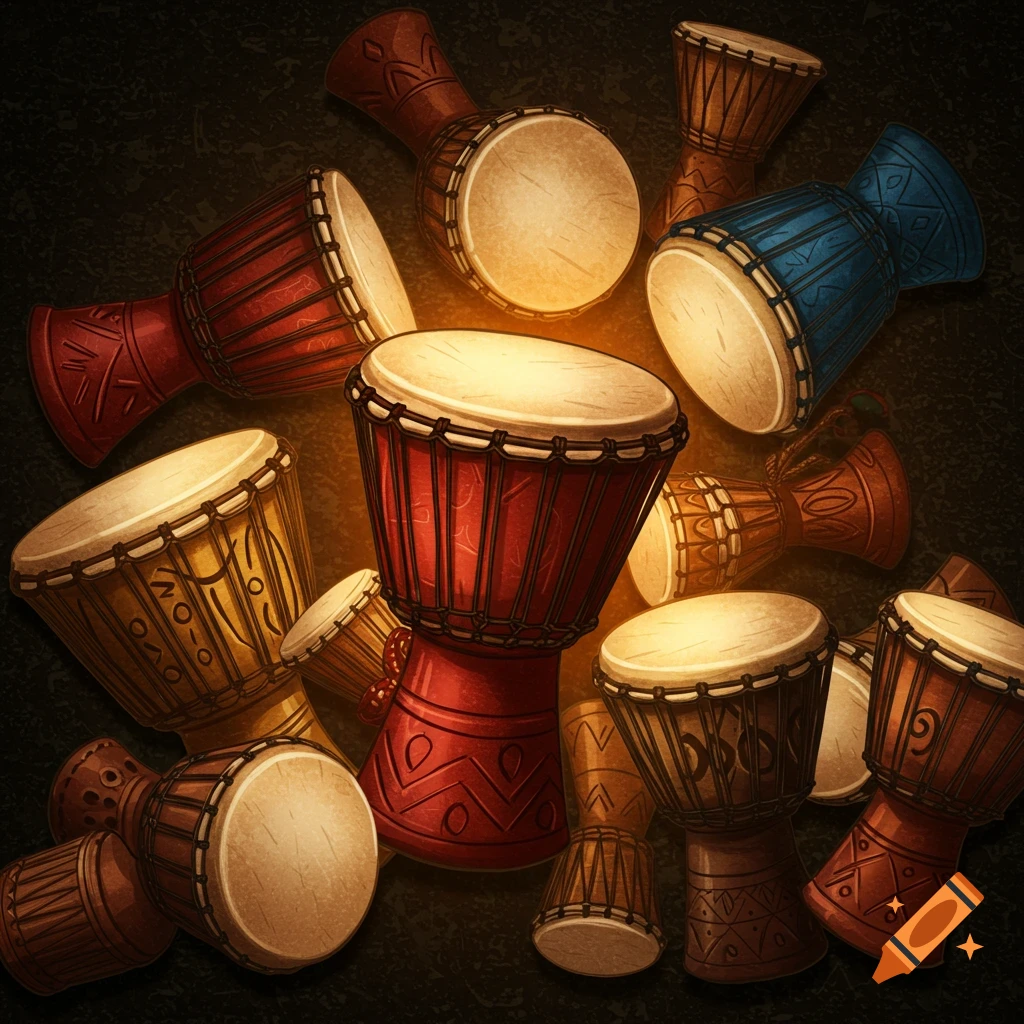 A cluster of African djembe drums of various sizes and colors, decorated with tribal patterns, under warm lighting.