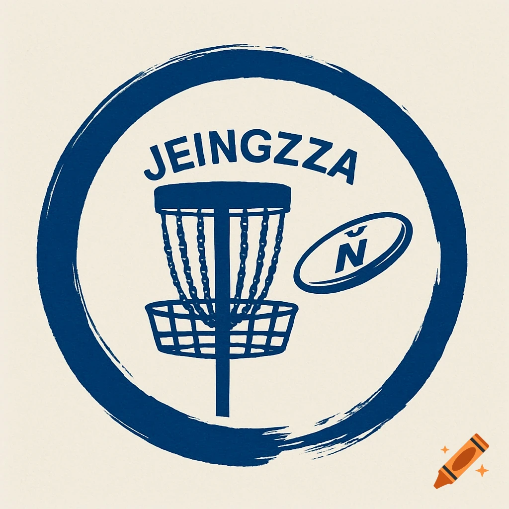A disc golf logo featuring a basket, a disc with 'Ñ', and the word 'JEINGZZA' above the basket inside a circular brushstroke.