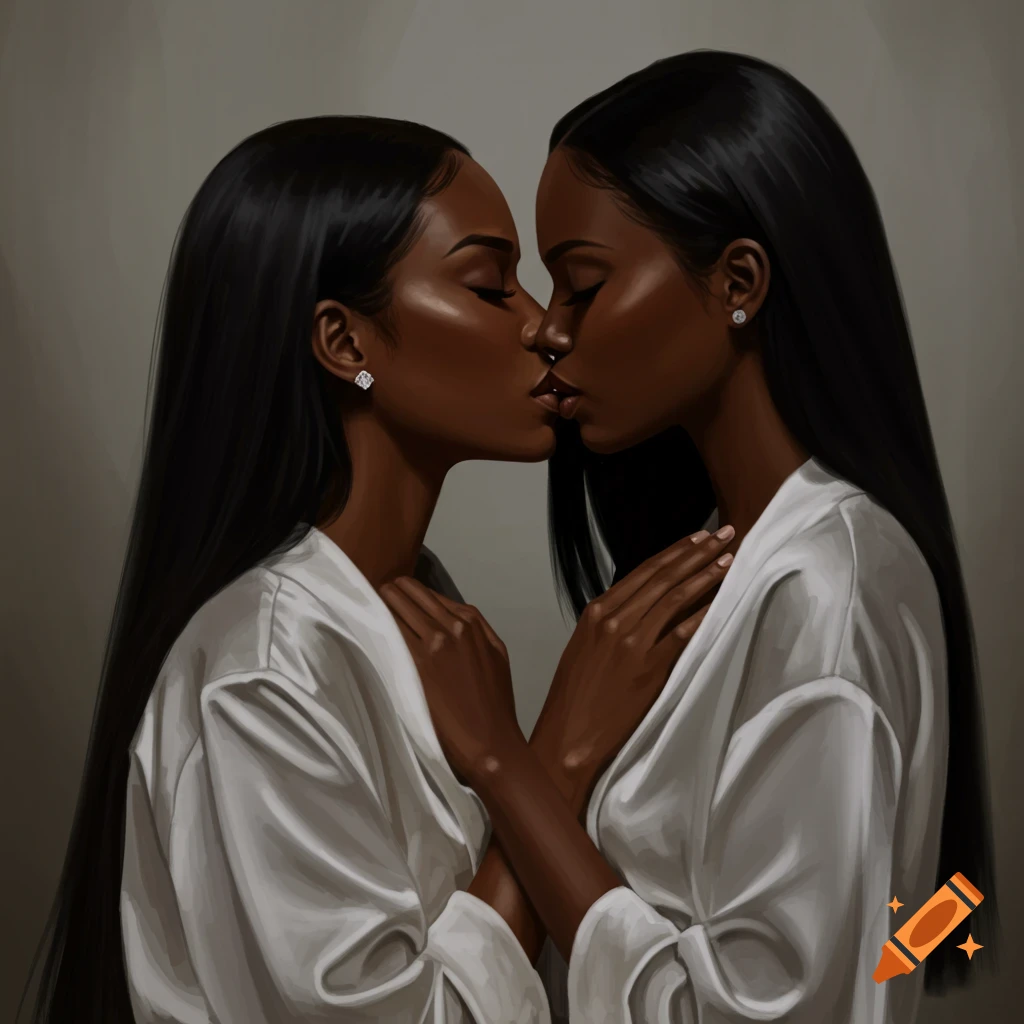 Stylized portrait of two Black women kissing.
