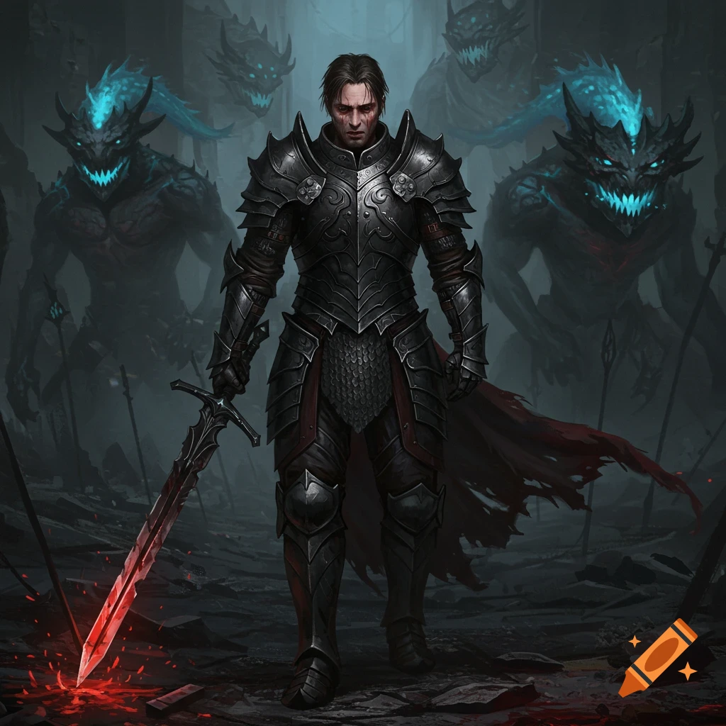 A warrior in dark armor stands with a glowing sword among dark, horned ...