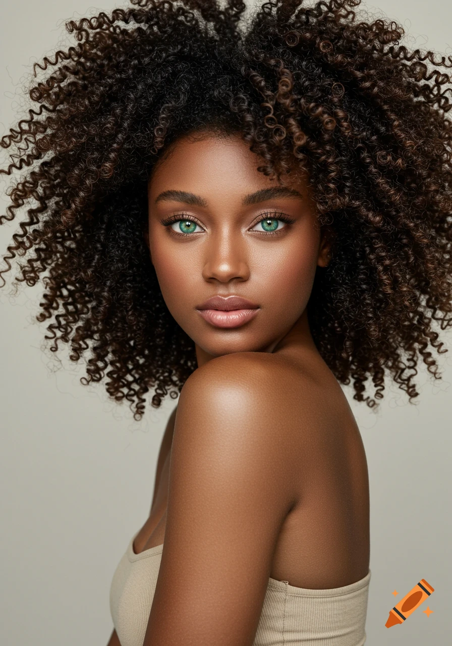 A portrait of a woman with large curly hair and green eyes. on Craiyon