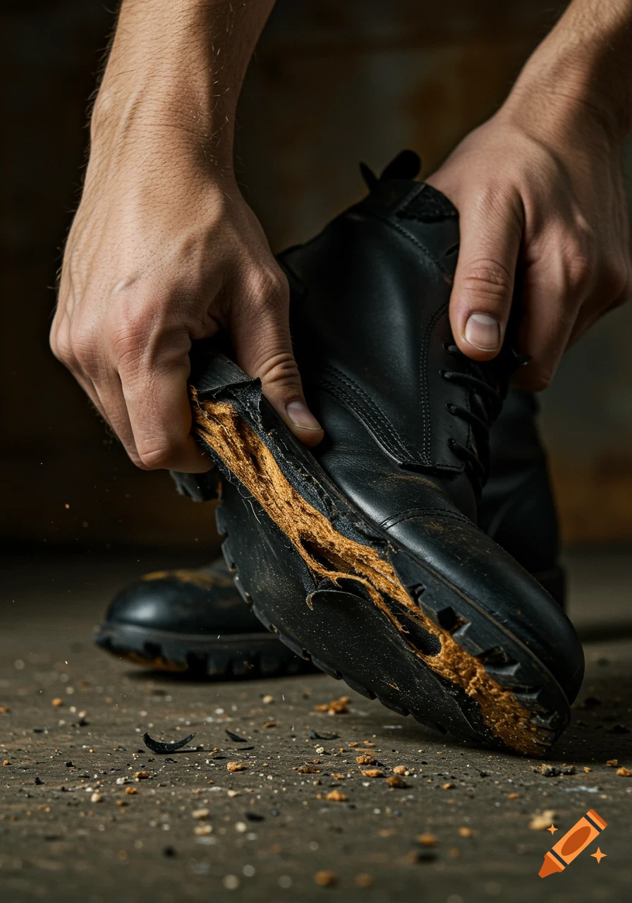 Hands rip the sole off a black leather boot, revealing internal material