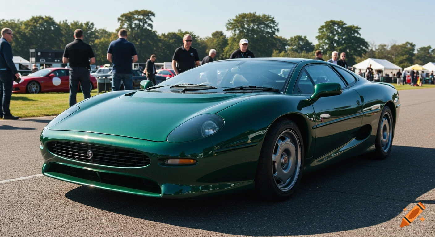 Green Jaguar XJ220s sports car parked outdoors at an event.