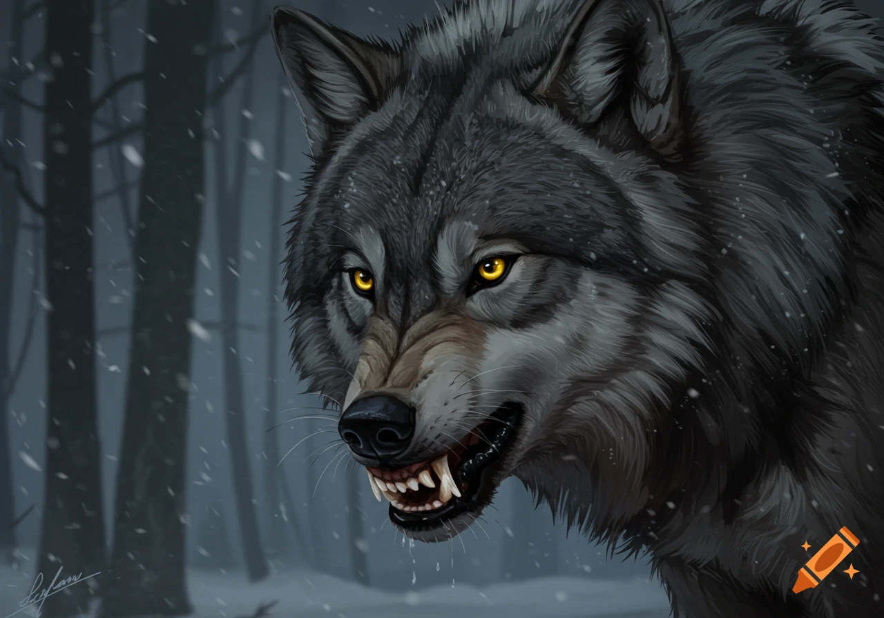 Digital painting of a snarling grey wolf with glowing yellow eyes in a snowy forest.