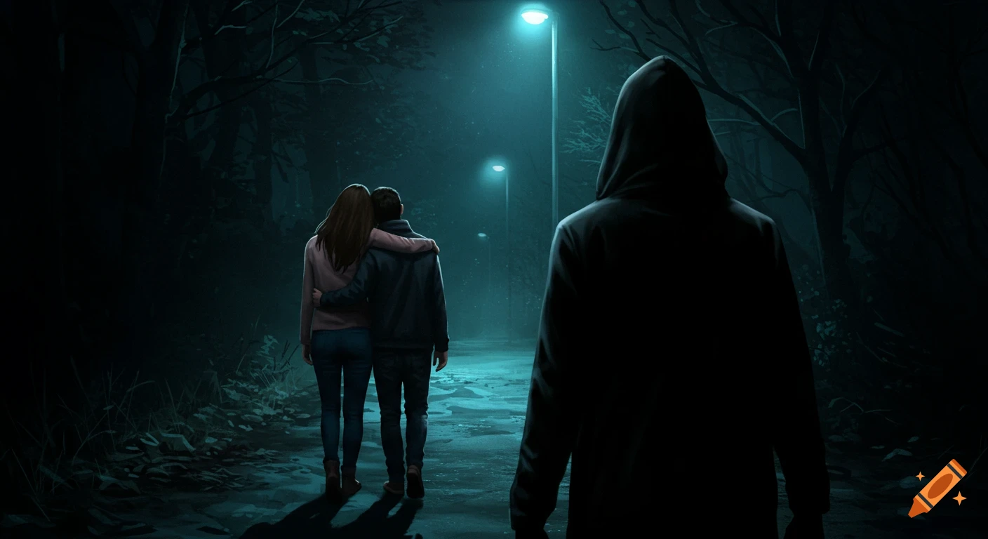 Couple walks in dark forest at night, stalked by a figure in a hood.