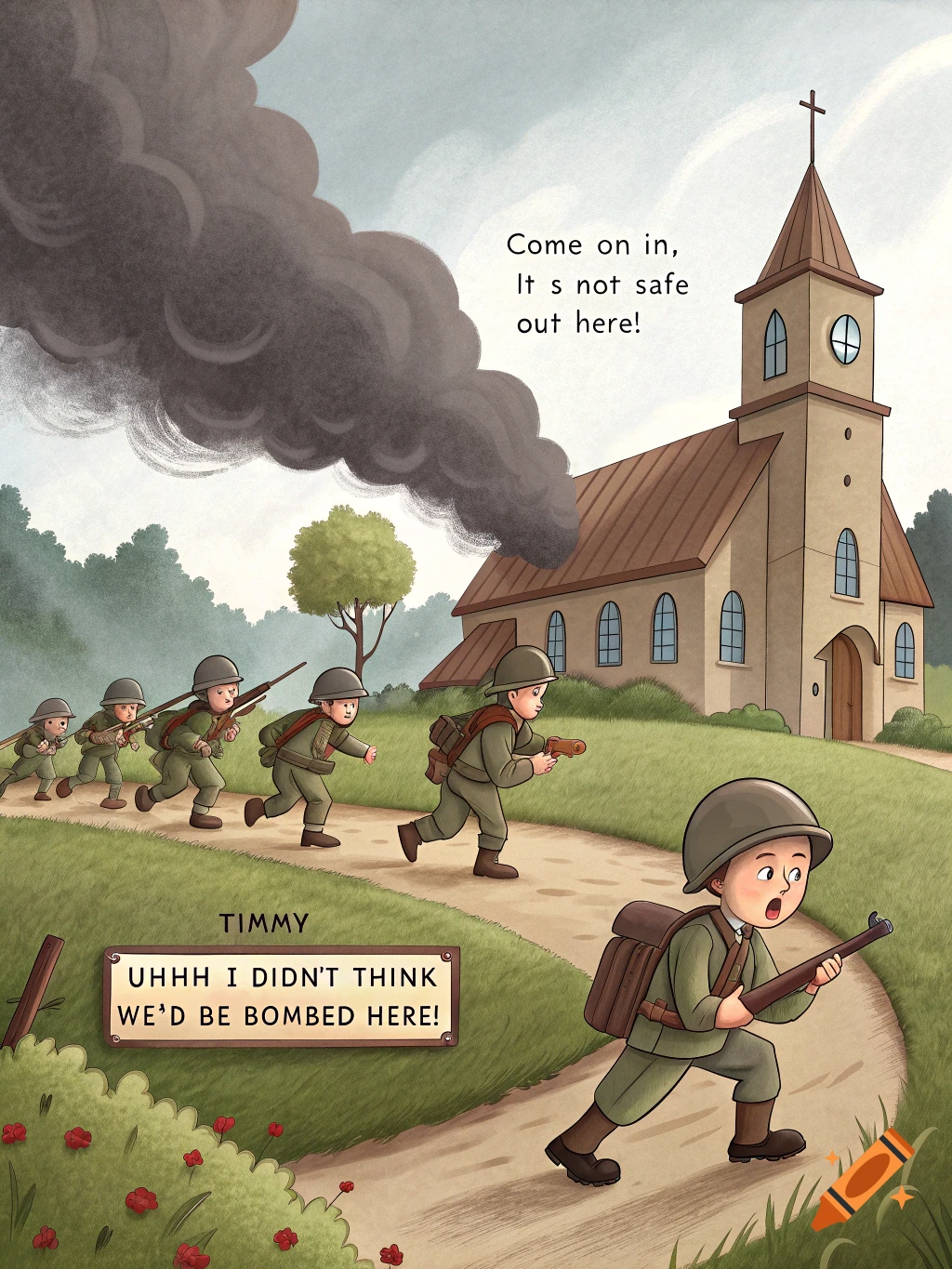 Cartoon illustration of soldiers running from a smoking church.