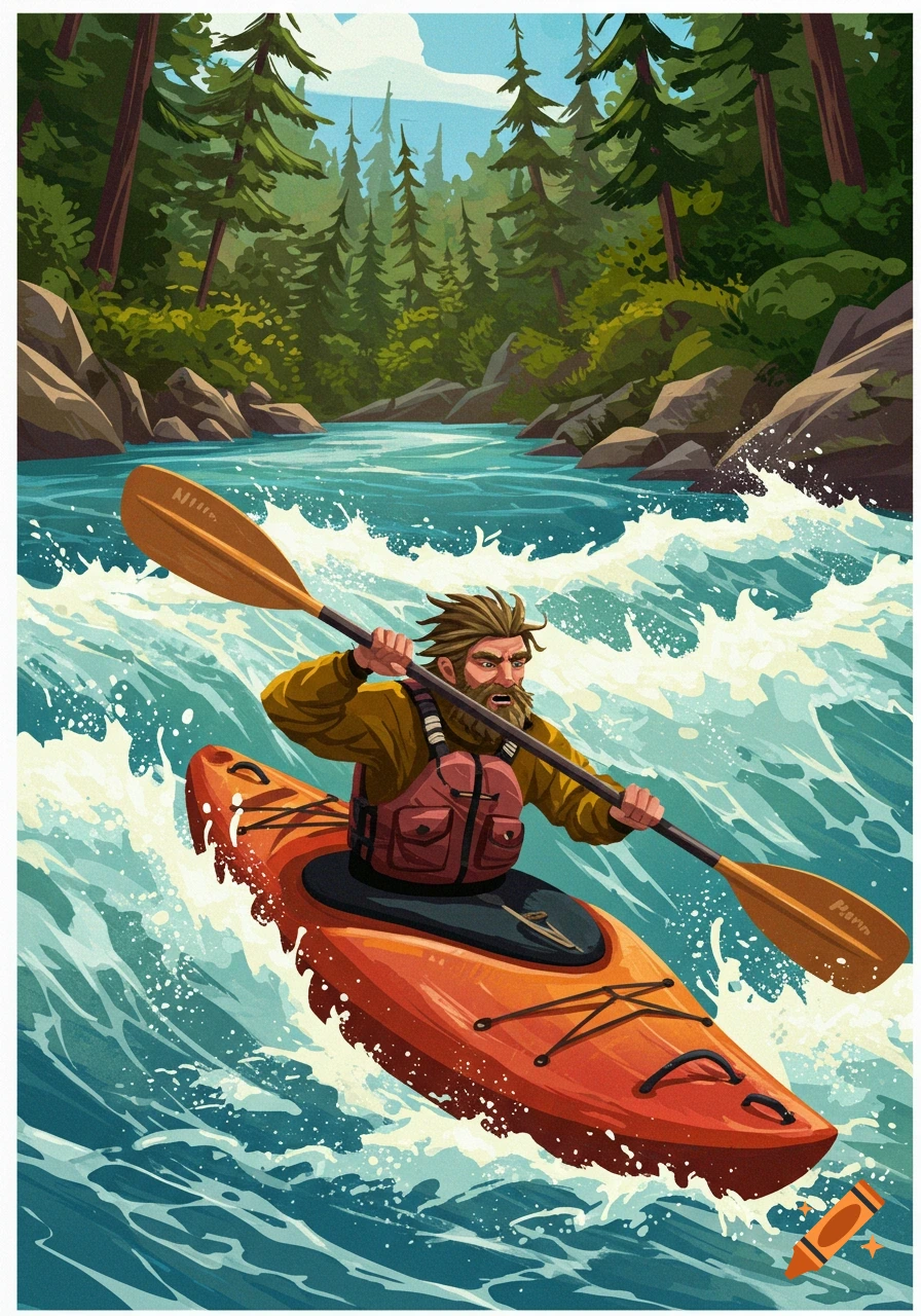 Illustrated man kayaks through whitewater rapids surrounded by a forest.