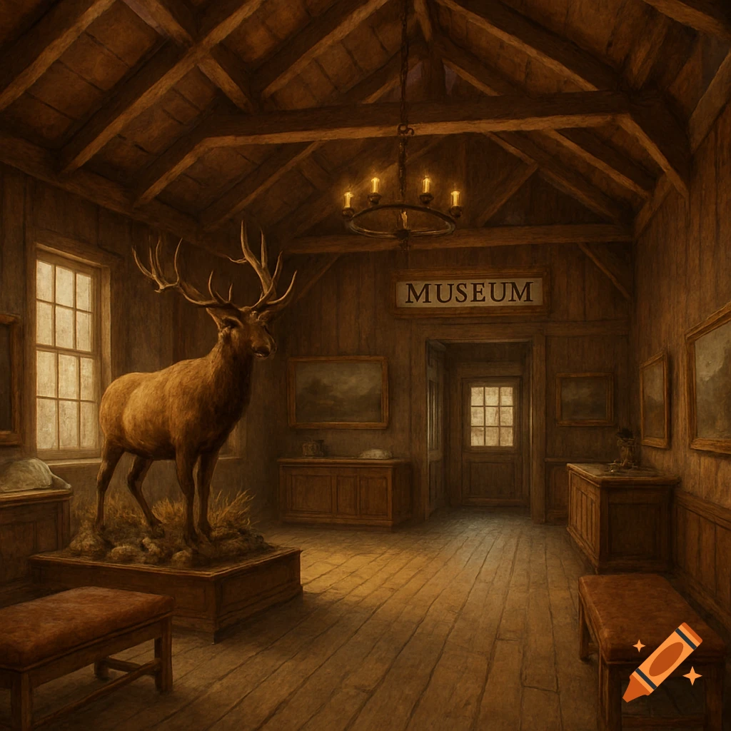 Rustic Museum Div A large taxidermied deer stands on a platform in a rustic museum lobby ...