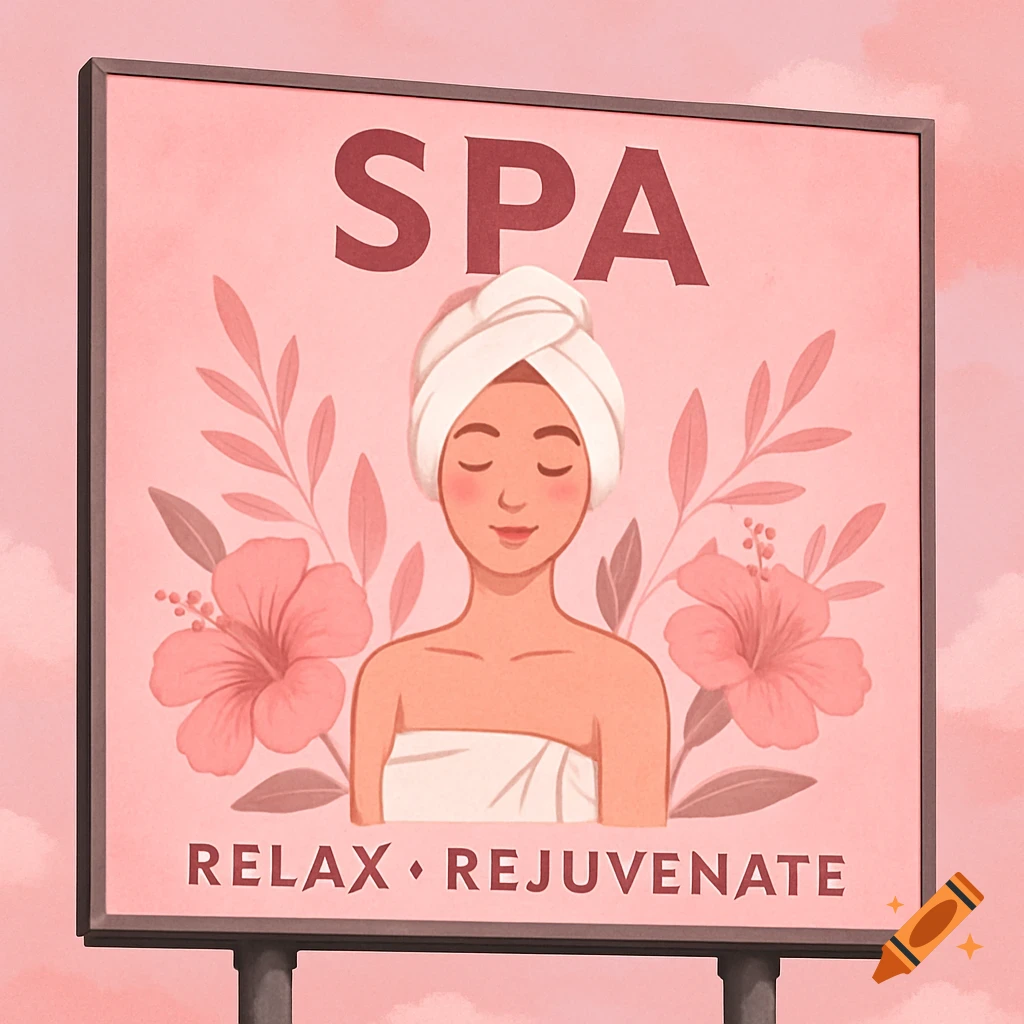 A pink billboard advertising a spa. The text reads "SPA" at the top and "RELAX ♦ REJUVENATE" at the bottom. An illustration of a woman with a towel around her head and body is in the center, flanked by pink flowers.