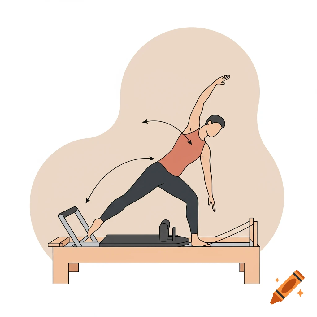 Simple illustration of a person doing a side bend exercise on a pilates reformer machine.