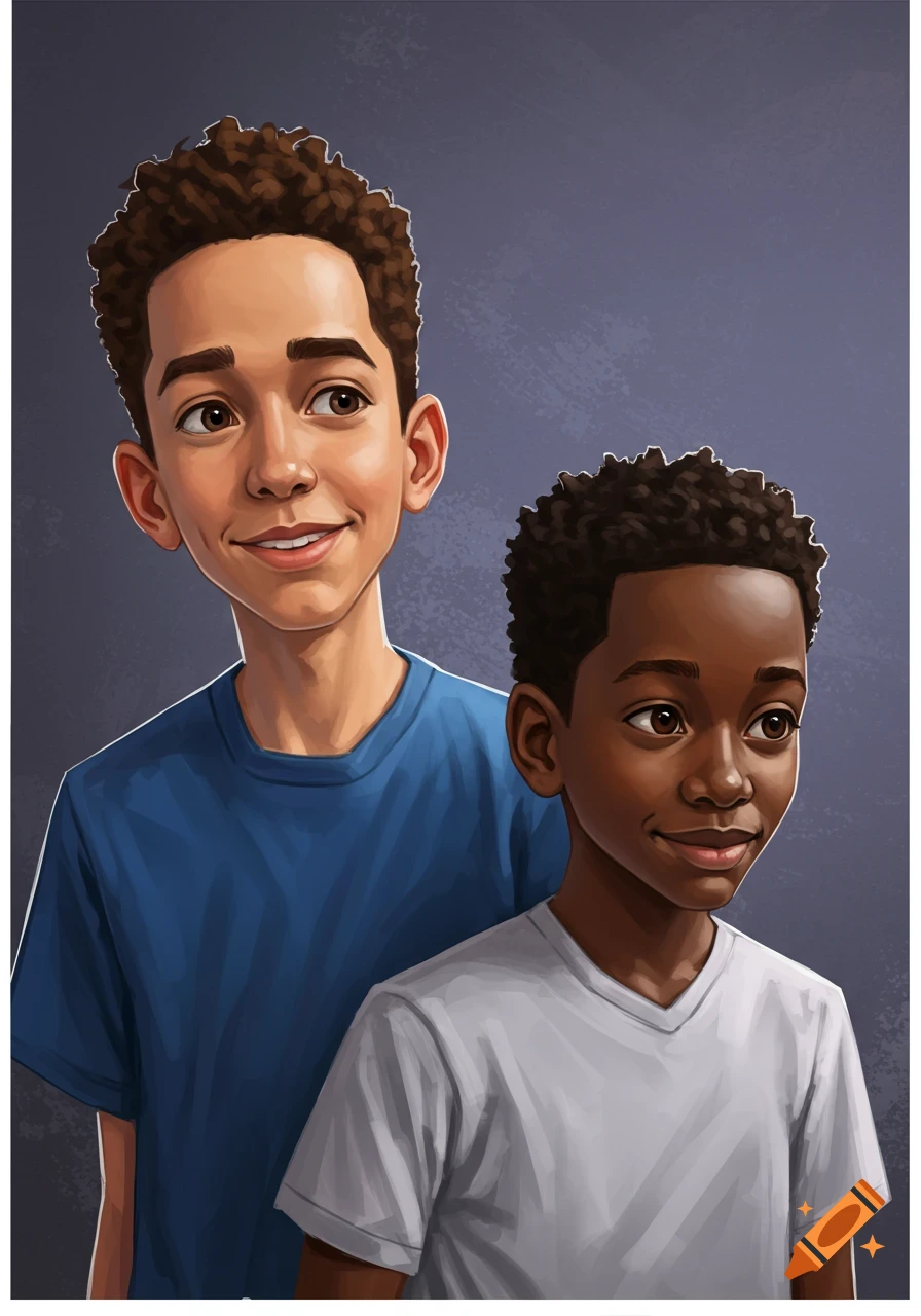 Illustration of two young boys standing together, one with light skin and brown curly hair, the other with dark skin and black curly hair.