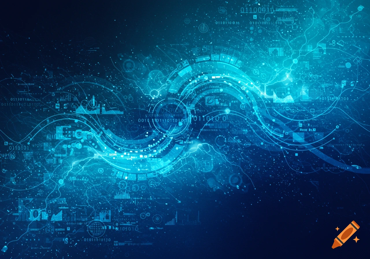 Abstract blue digital background with glowing lines, waves, network connections, and scattered data elements.