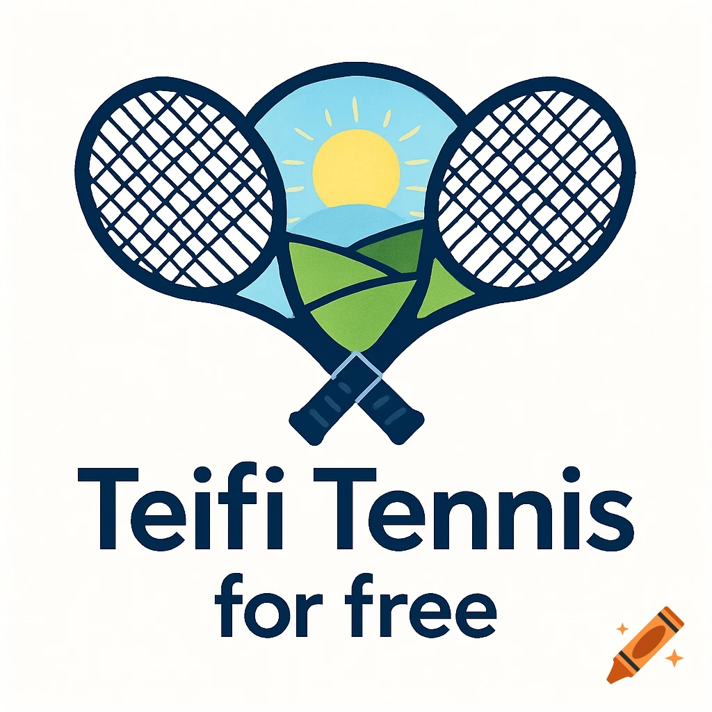 Logo with crossed tennis rackets containing a landscape, and the text 'Teifi Tennis for free'.