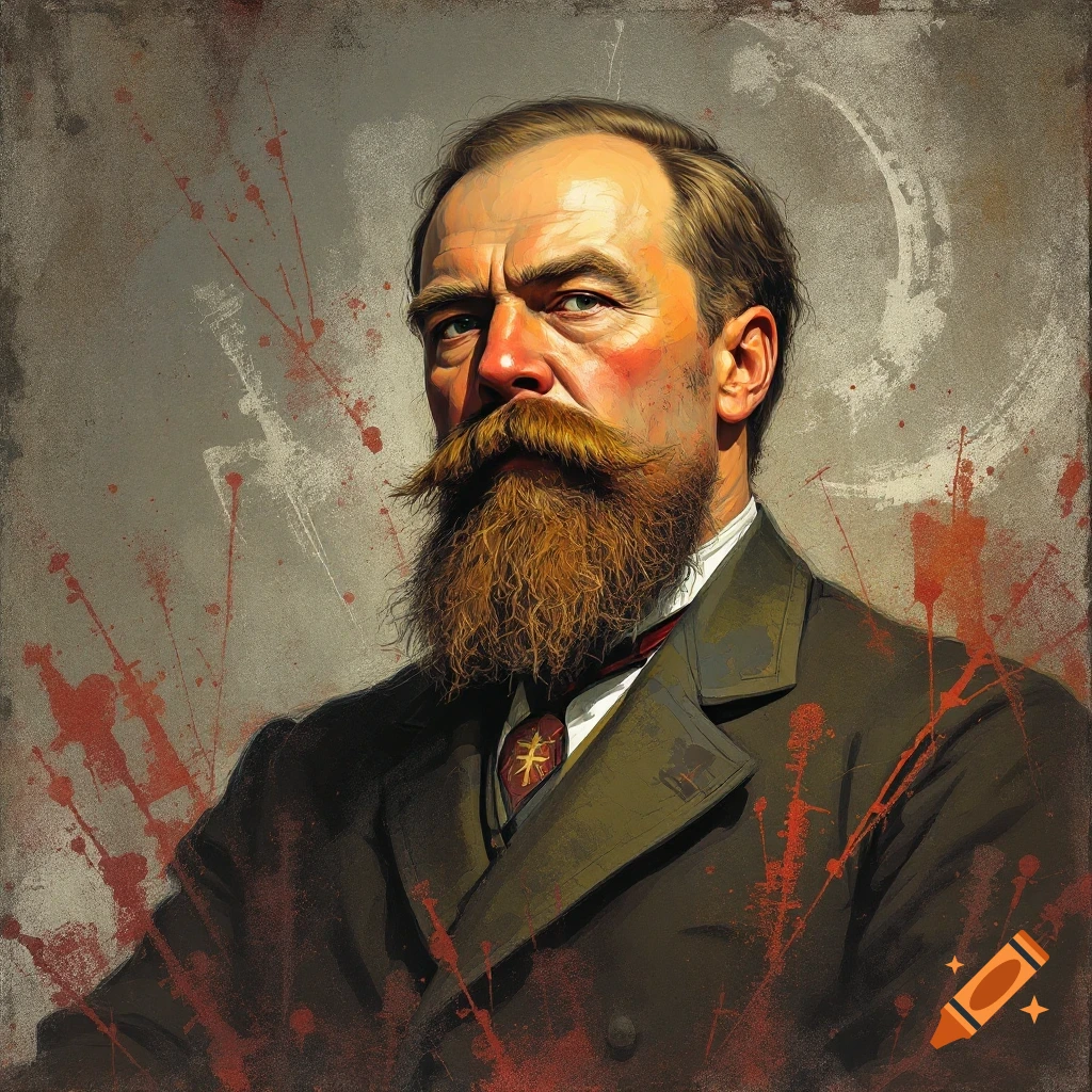 Portrait of a man with a beard and mustache in a suit against a distressed background with red splatters.