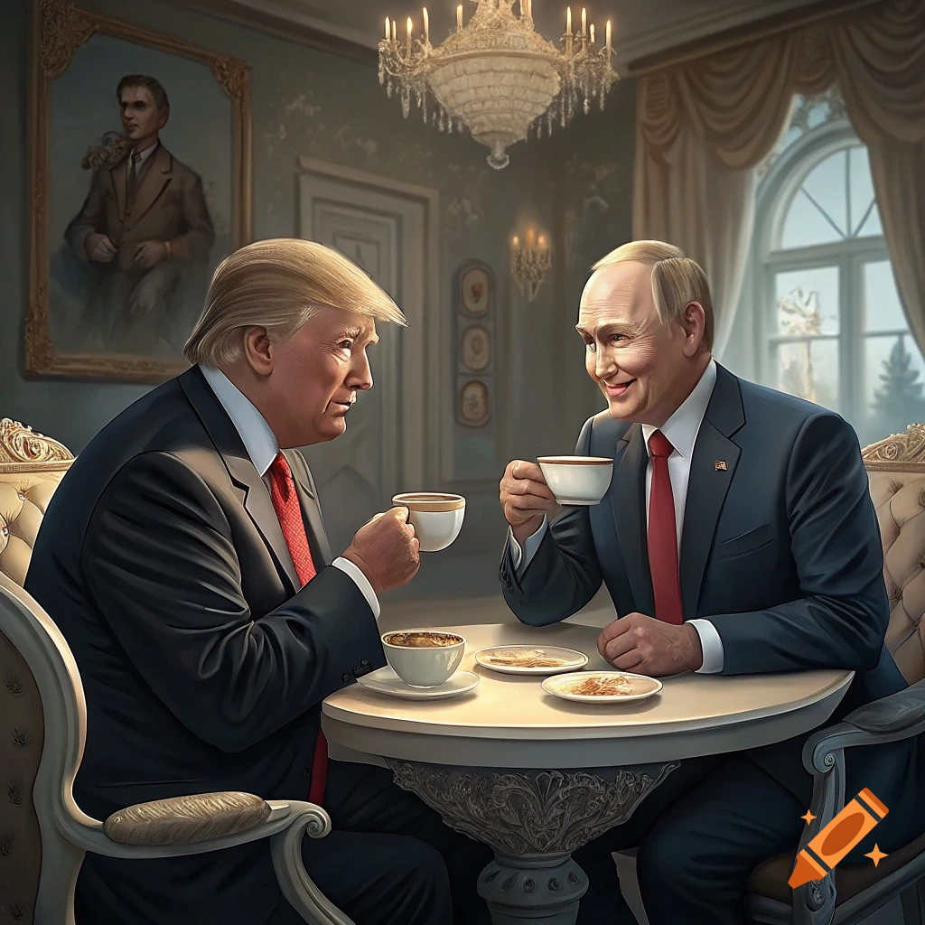 Donald Trump and Vladimir Putin drinking tea in a formal room with a ...