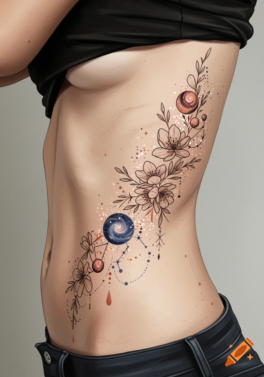 Torso with a tattoo of delicate flowers, planets, and a galaxy cascading down the side.