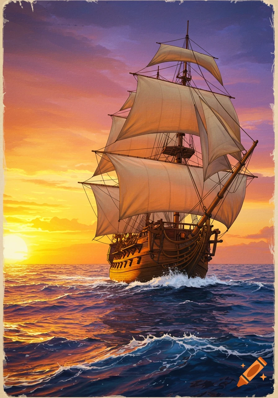 A sailing ship on the ocean at sunset.