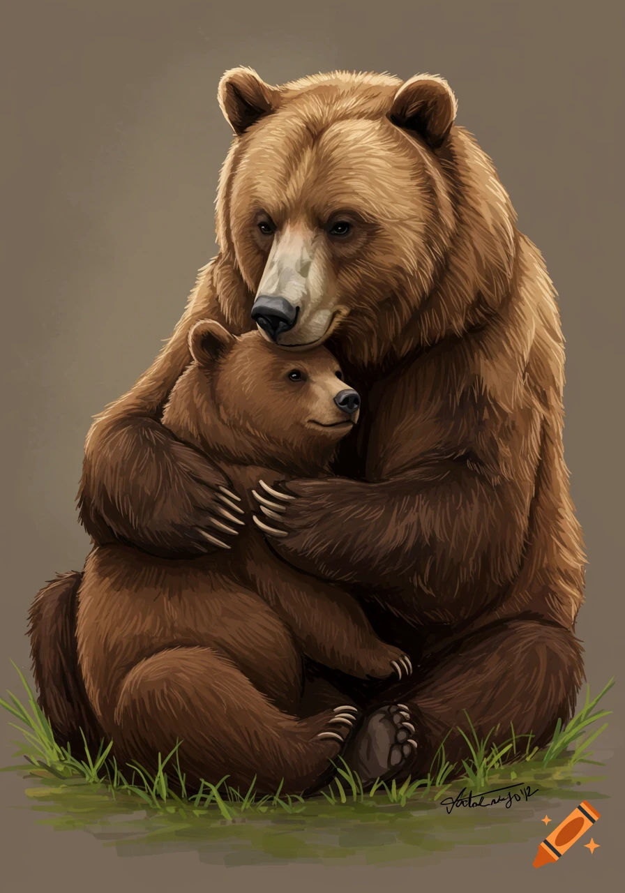 Mother bear hugging a cub, illustration style.
