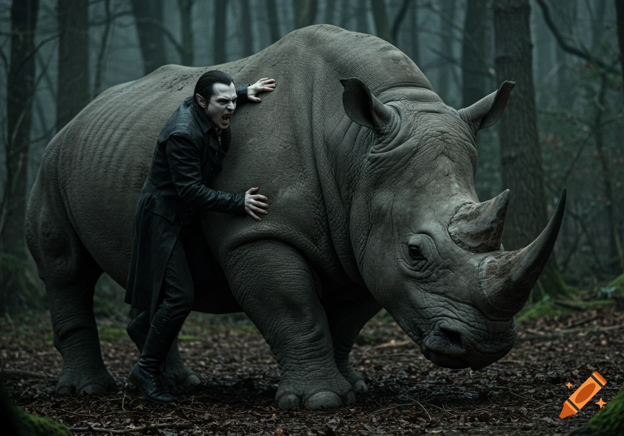 Photorealistic image of a vampire in a black coat struggling with a rhinoceros in a dark forest.