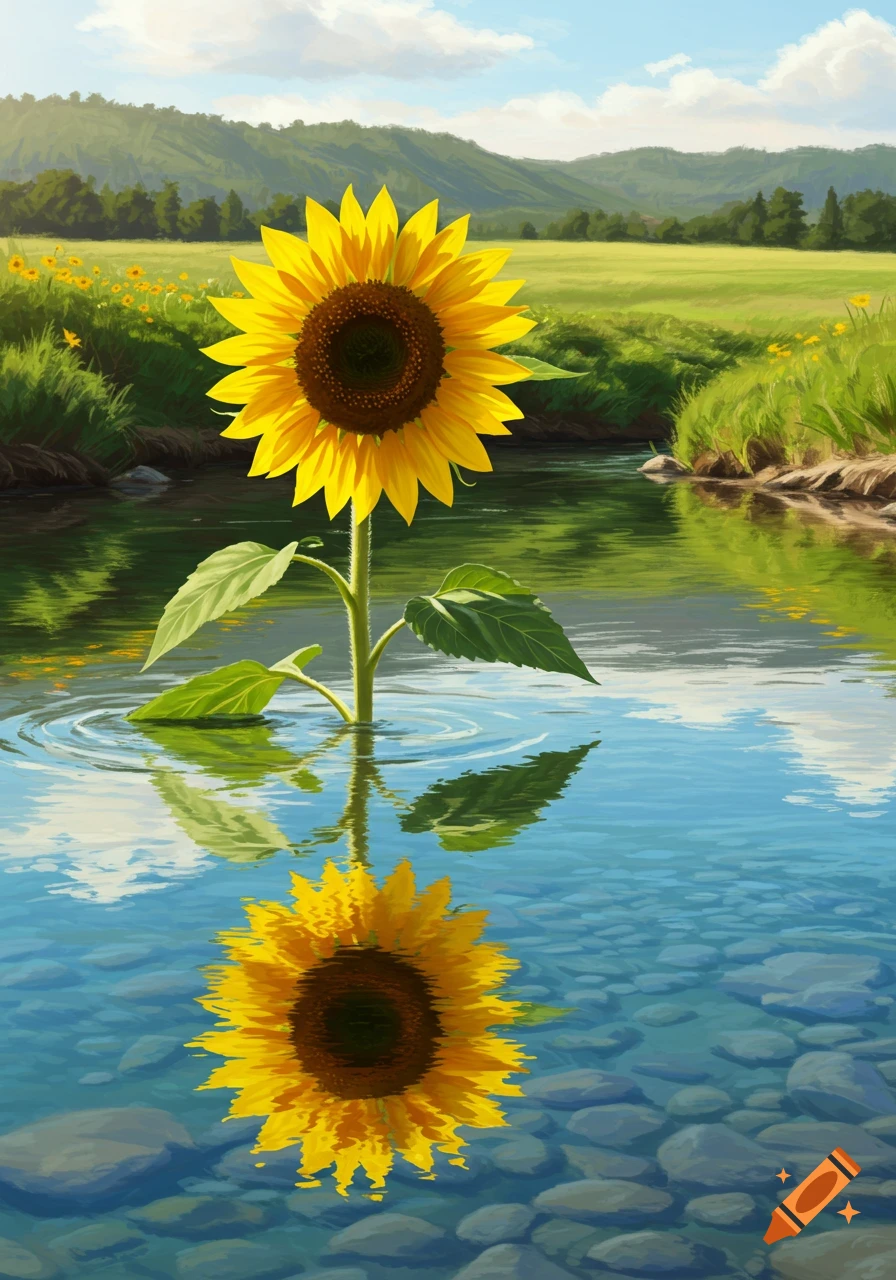 A sunflower stands in a river with its reflection, surrounded by a green field and hills, in a painting style.