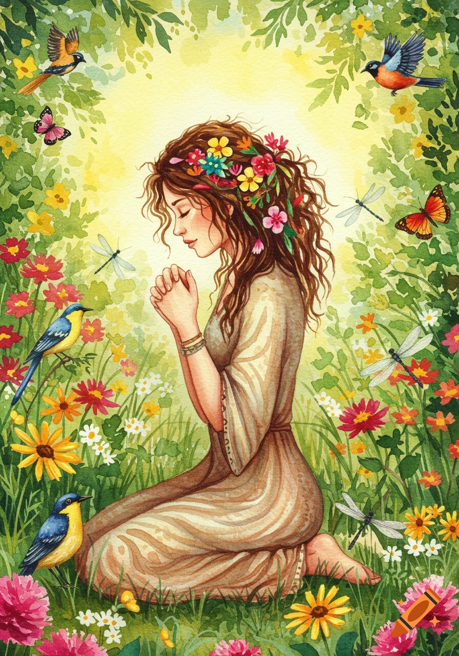 Watercolor painting of a woman praying in a garden with flowers, birds, butterflies, and dragonflies.