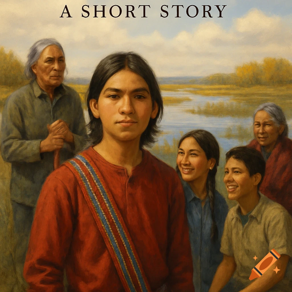 Painting of an Indigenous Metis teenage boy and family or community near a wetland, with the text "A SHORT STORY" above.