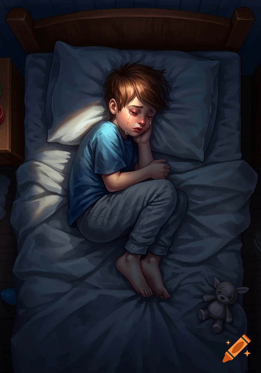 Illustration of a young boy curled up and crying in bed at night, with a teddy bear.