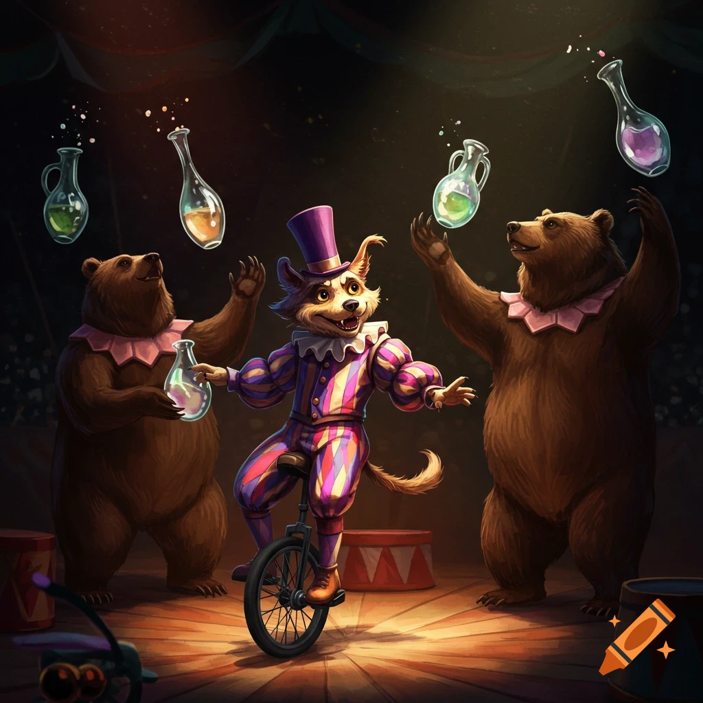 Stylized illustration of a dog clown on a unicycle juggling with two bears in a circus.