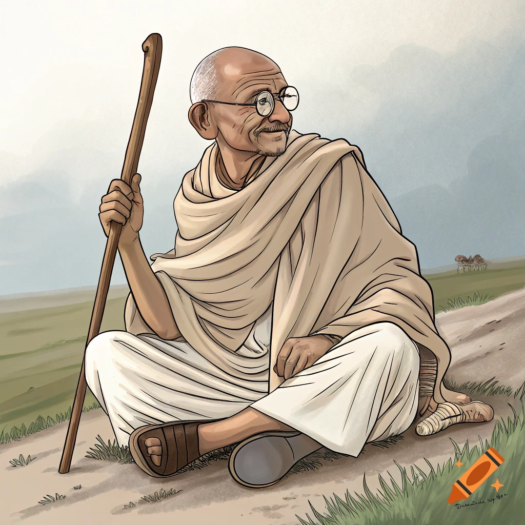 Illustration of Mahatma Gandhi sitting on a path, holding a staff.