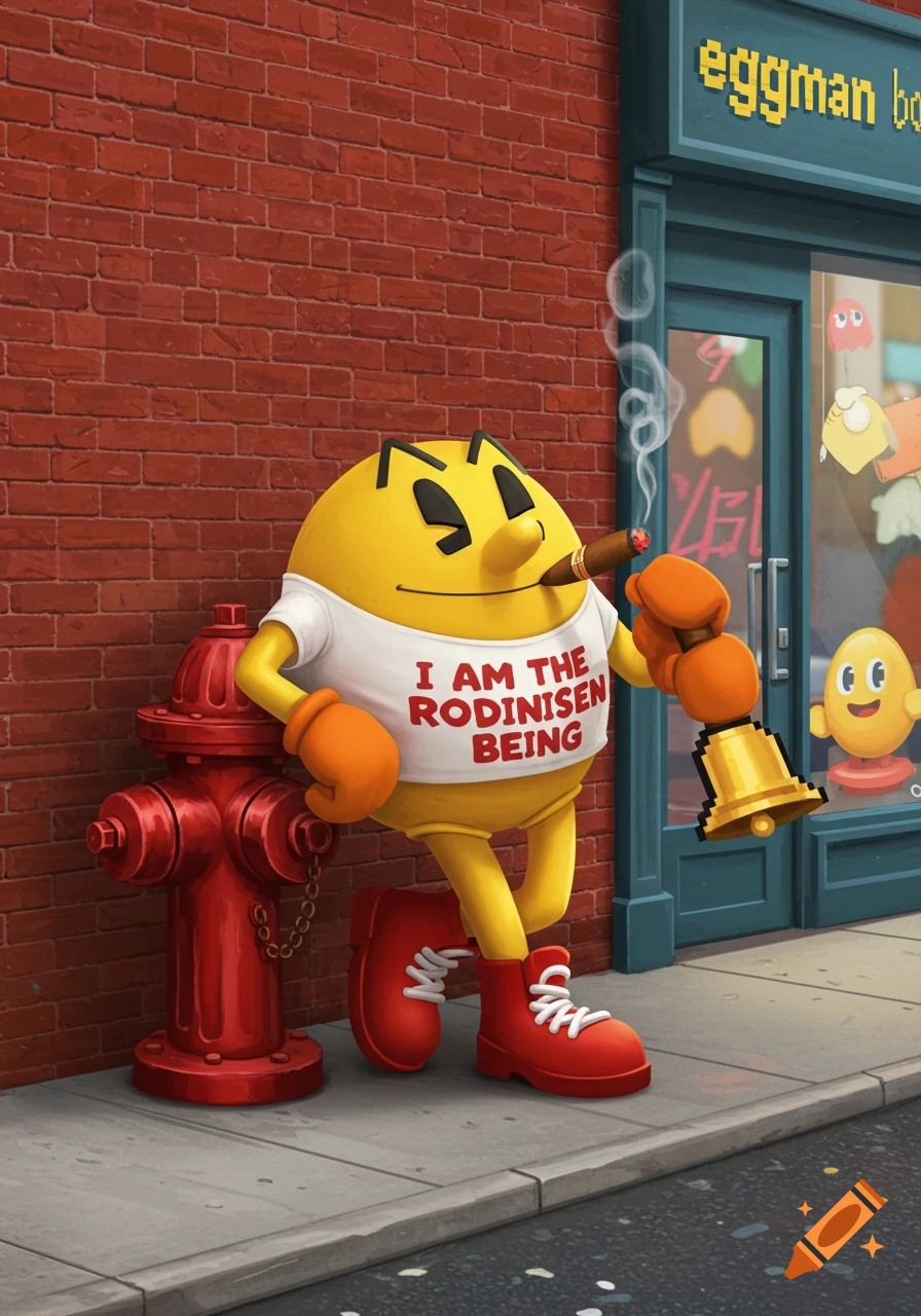 Pac-Man in a t-shirt and boots leans on a fire hydrant, smoking a cigar and holding a pixel bell. A storefront labeled "eggman bo" is behind him.