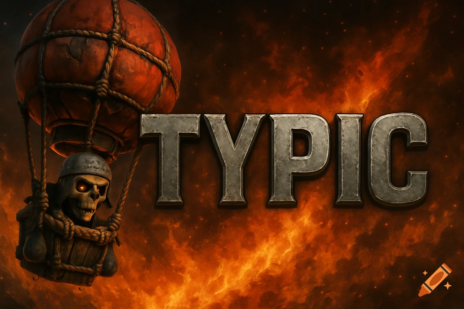 Skeleton character in a hot air balloon next to metallic text 'TYPIC' on a fire background