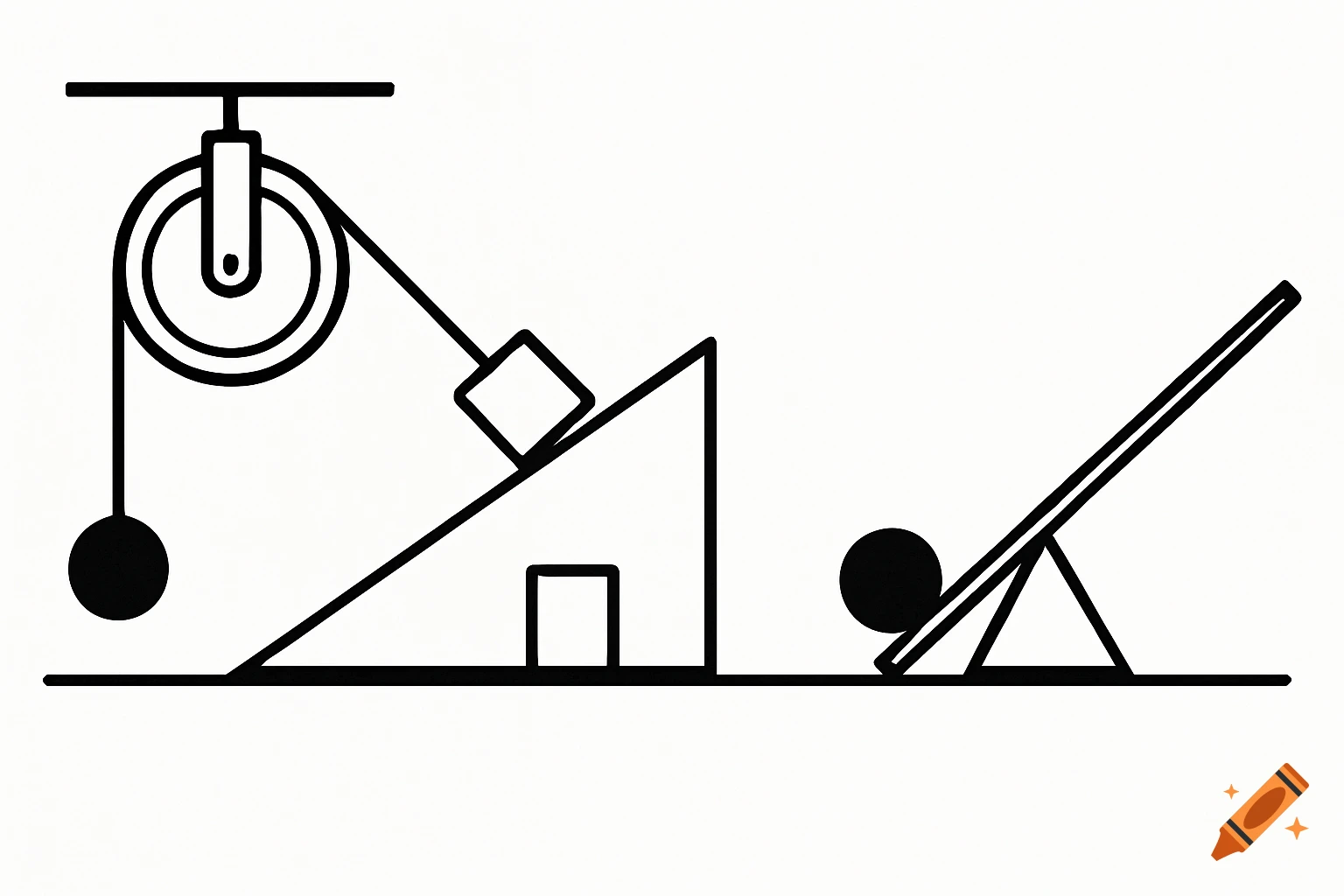 Line drawing of a pulley system, a block on a ramp, and a lever with a ball.
