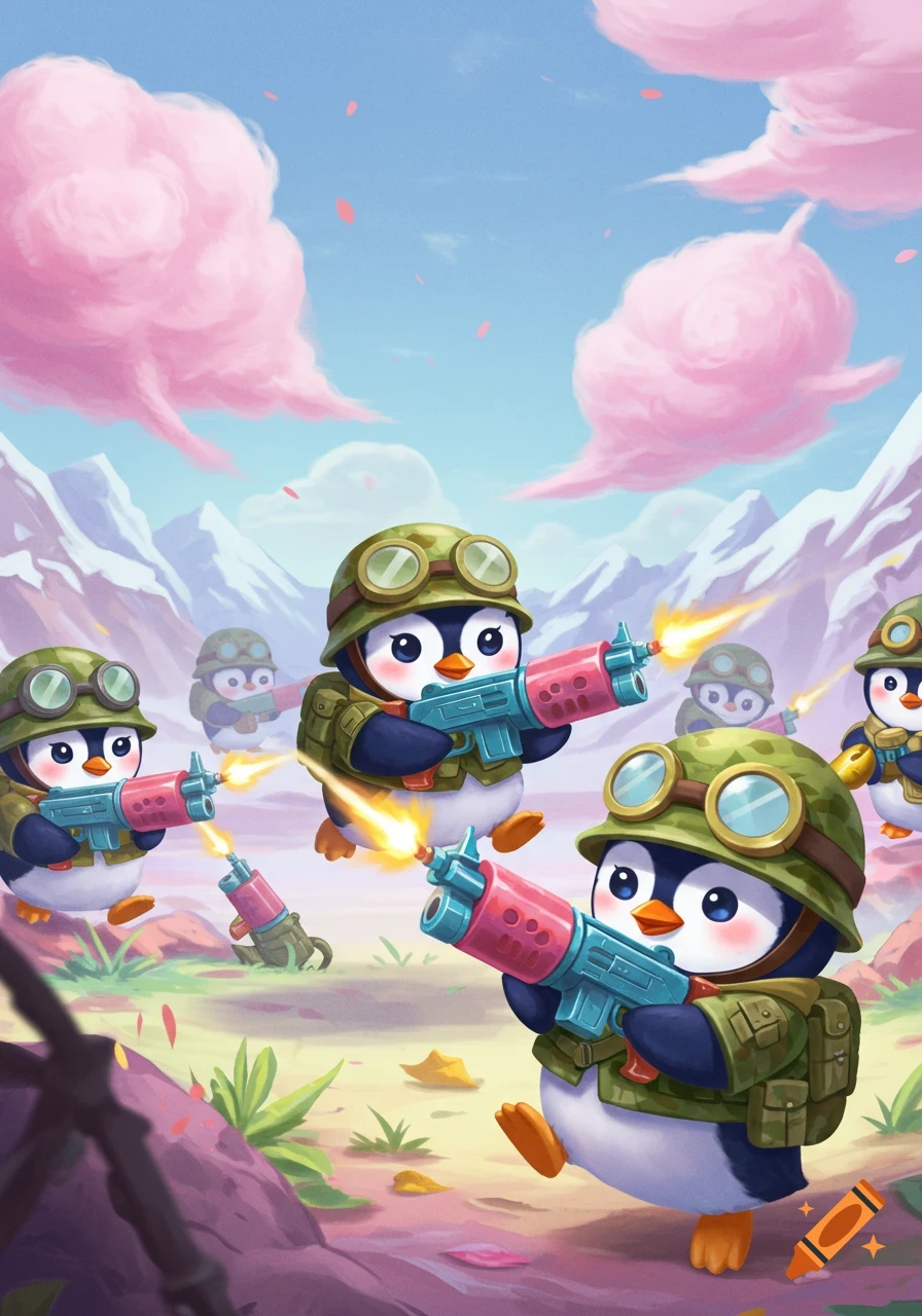 Cute cartoon penguins wearing military gear shoot toy-like guns in a snowy landscape.