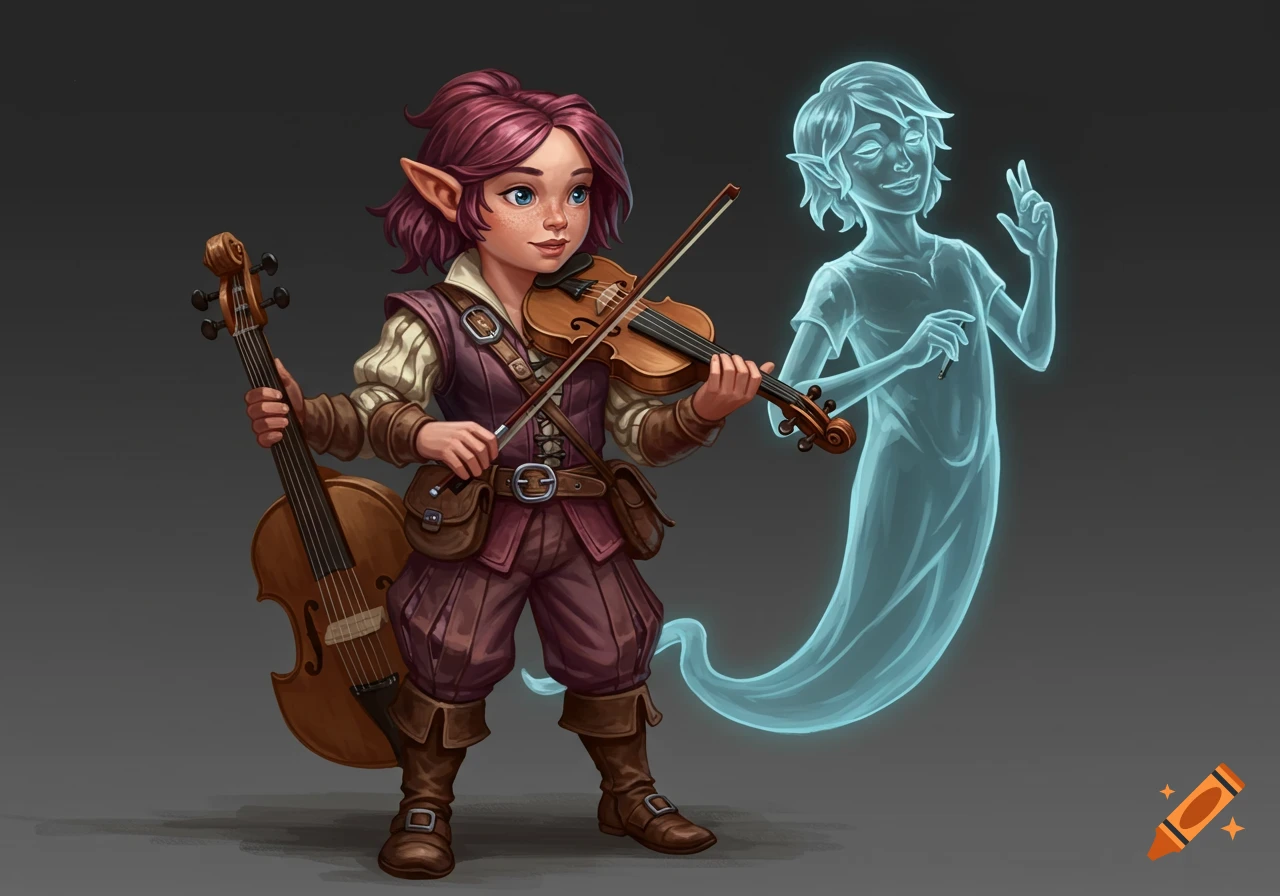 A fantasy character with elf ears plays a violin next to a translucent blue ghost in a digital painting.