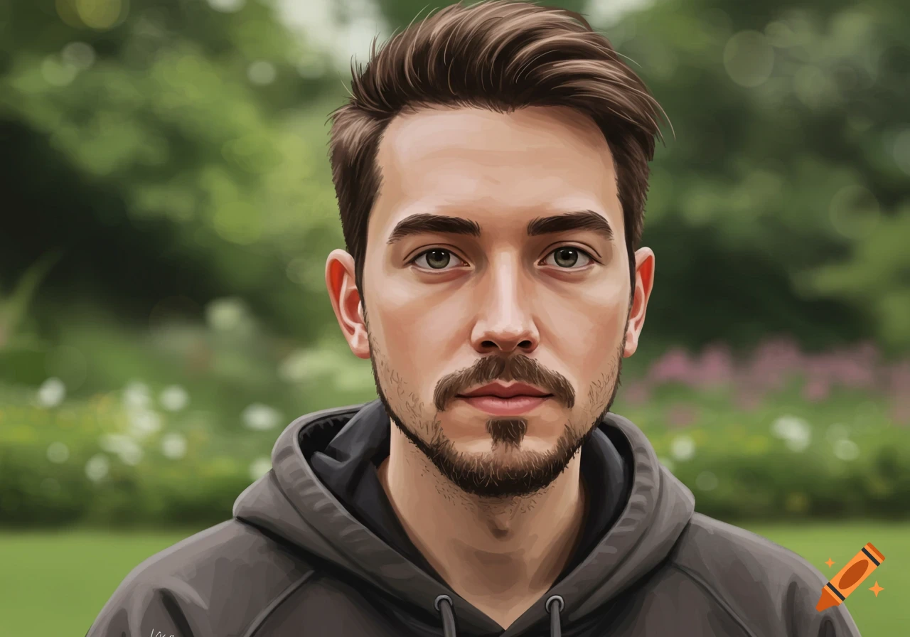 Stylized portrait of a man with dark hair and goatee outdoors on Craiyon