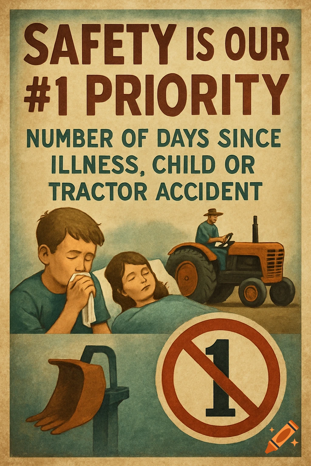 Vintage safety poster with text, showing children and a tractor.
