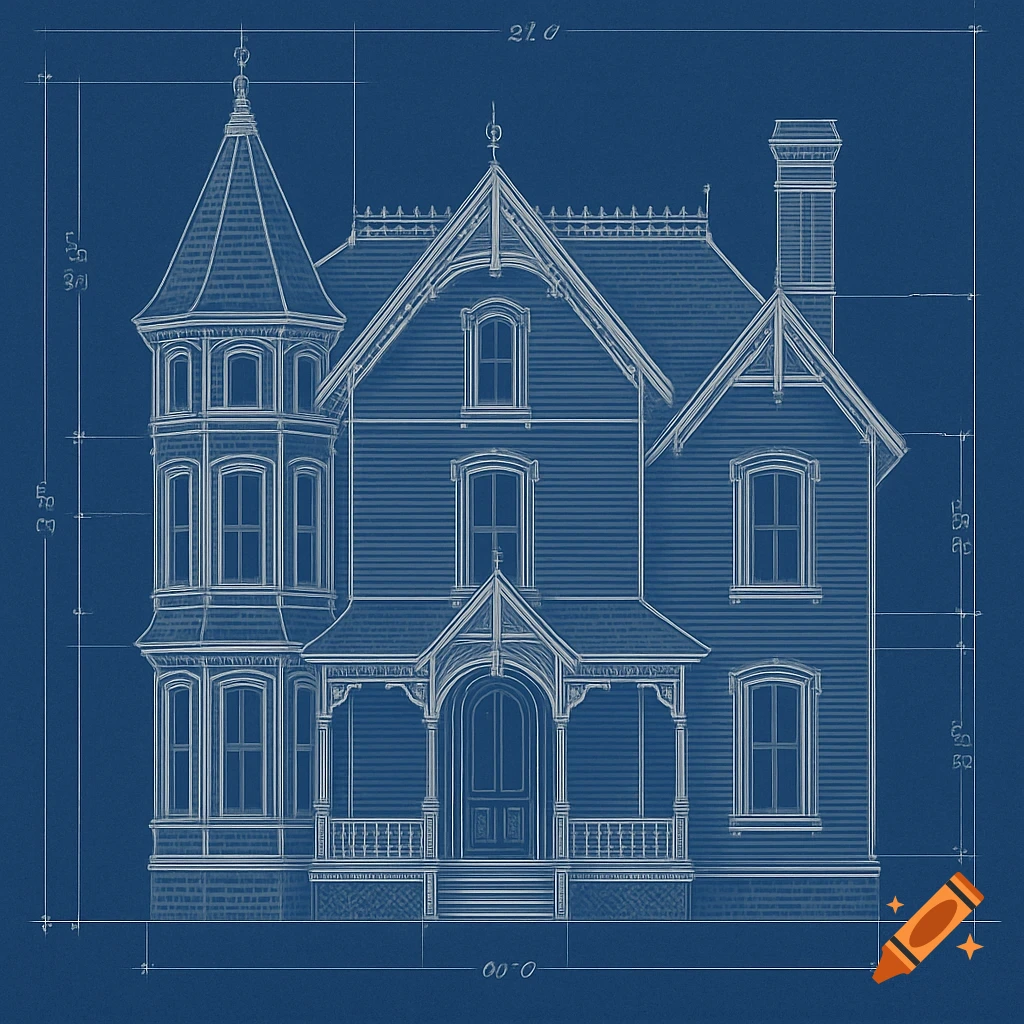 Blueprint drawing of a Victorian house with a turret and porch.