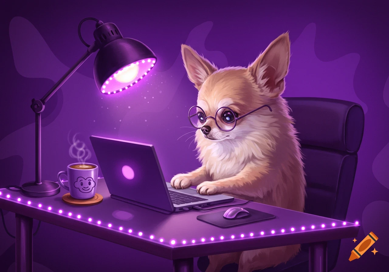 Illustration of a chihuahua wearing glasses working at a laptop on a desk in a purple room.
