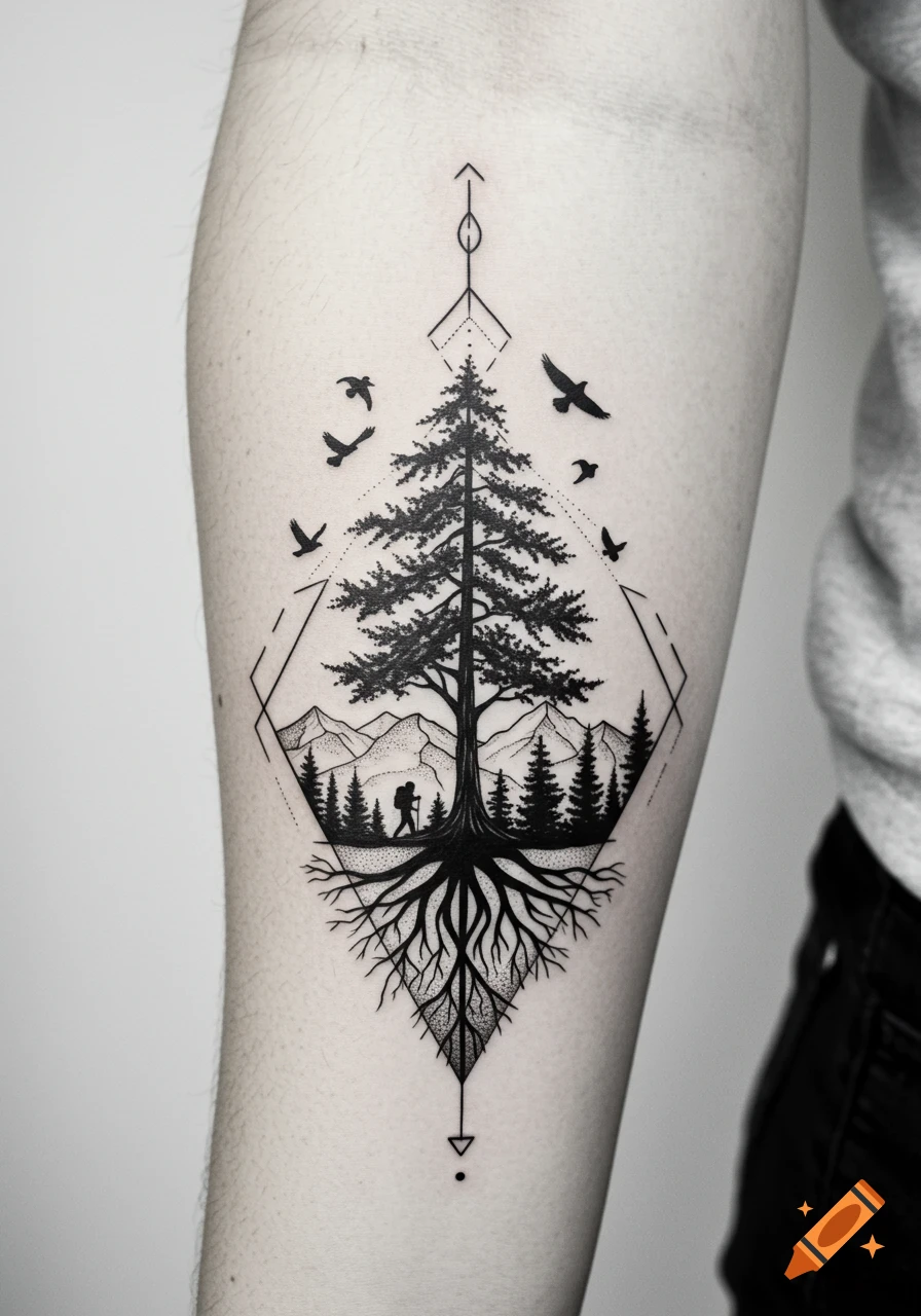 Black and white geometric tattoo on arm with tree, roots, mountains, hiker, and birds.