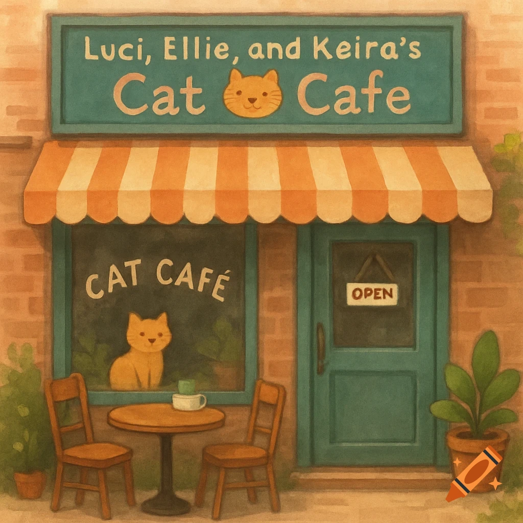 An illustration of a cute cat cafe exterior with signs, tables outside, and a cat in the window.
